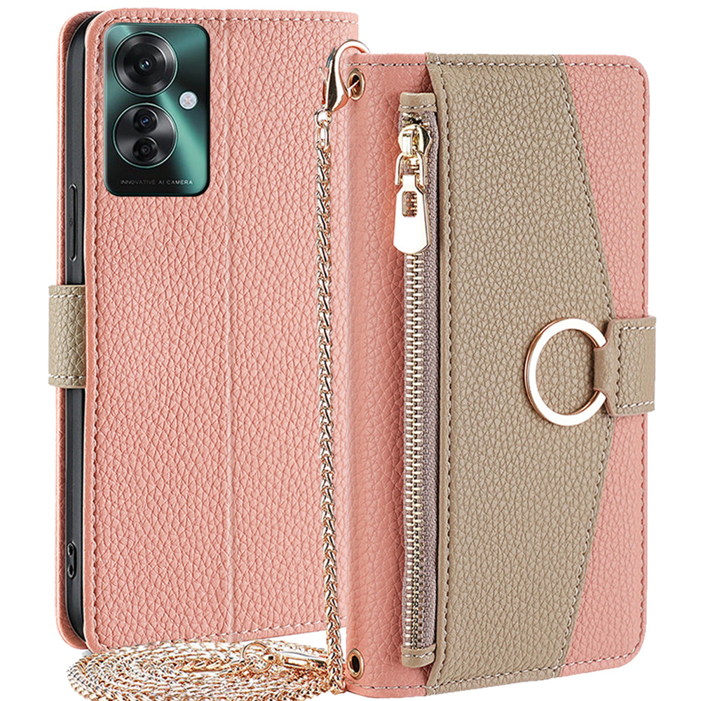 For Oppo Reno11 F 5G / F25 Pro 5G Case Mirror Leather Zipper Wallet Phone Cover with Shoulder Strap - Pink