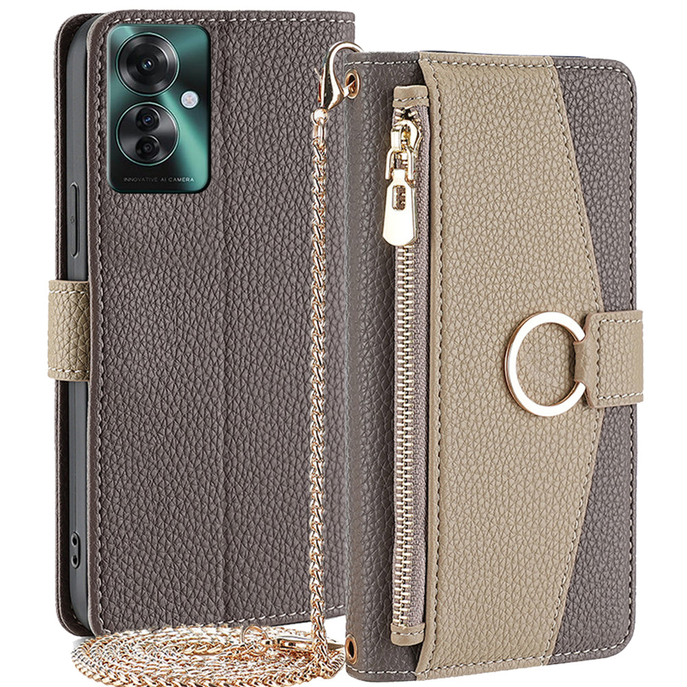 For Oppo Reno11 F 5G / F25 Pro 5G Case Mirror Leather Zipper Wallet Phone Cover with Shoulder Strap - Grey