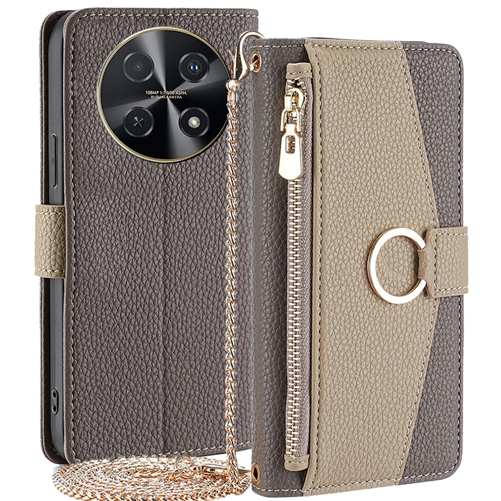 For Huawei nova 12i 4G Crossbody Case Mirror Zipper Wallet Leather Phone Cover - Grey