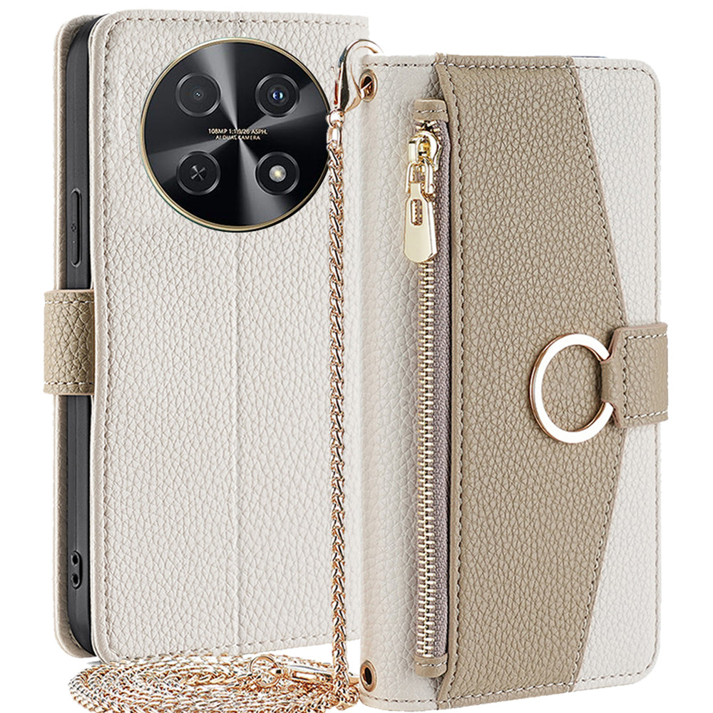 For Huawei nova 12i 4G Crossbody Case Mirror Zipper Wallet Leather Phone Cover - White