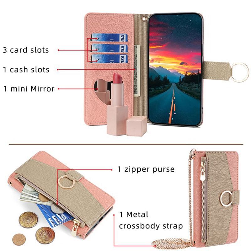 For Huawei nova 12i 4G Crossbody Case Mirror Zipper Wallet Leather Phone Cover - Pink