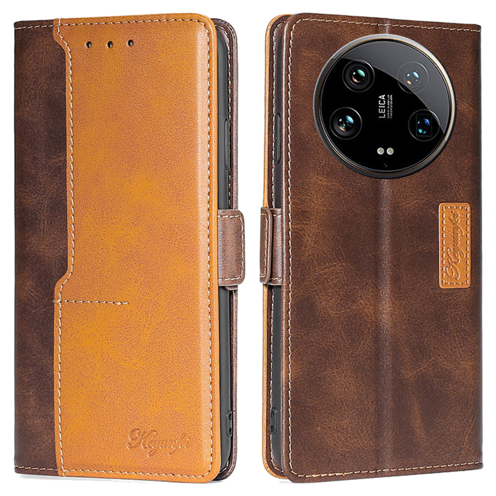 For Xiaomi 14 Ultra Case Dual Color Splicing Leather Flip Wallet Phone Cover - Dark Brown+Gold