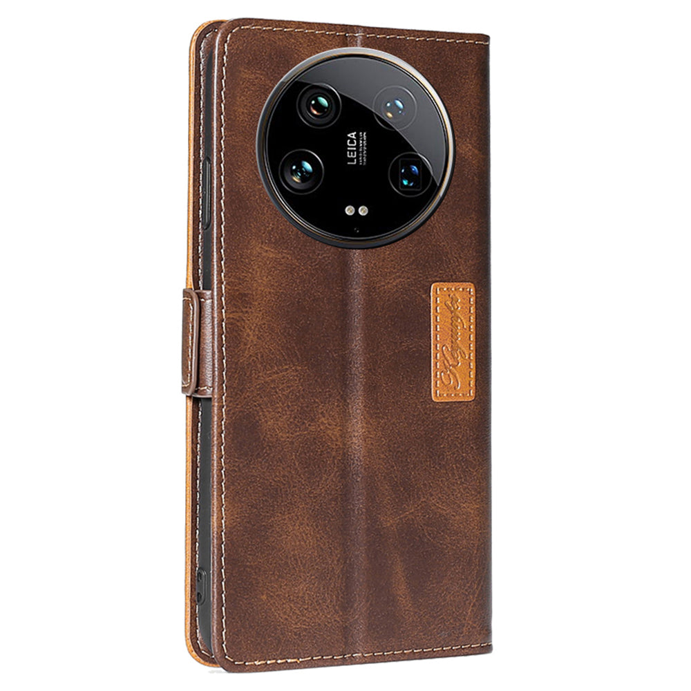 For Xiaomi 14 Ultra Case Dual Color Splicing Leather Flip Wallet Phone Cover - Dark Brown+Gold