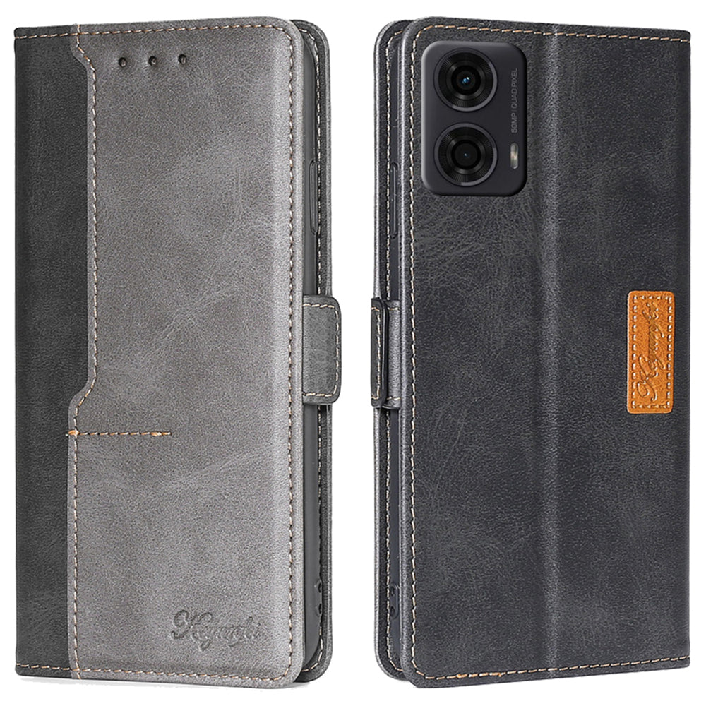 For Motorola Moto G24 4G / G04 4G Case Dual Color Splicing Leather Flip Wallet Phone Cover - Black+Grey