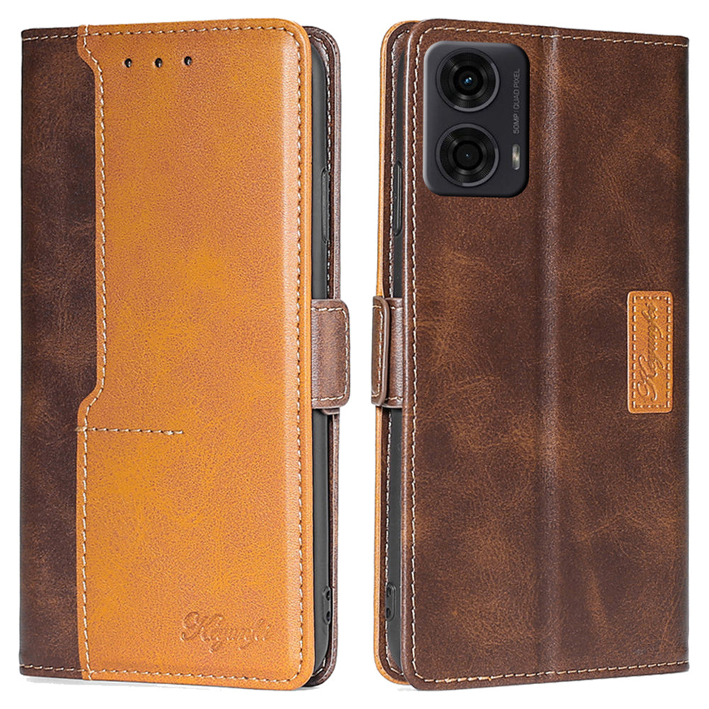 For Motorola Moto G24 4G / G04 4G Case Dual Color Splicing Leather Flip Wallet Phone Cover - Dark Brown+Gold