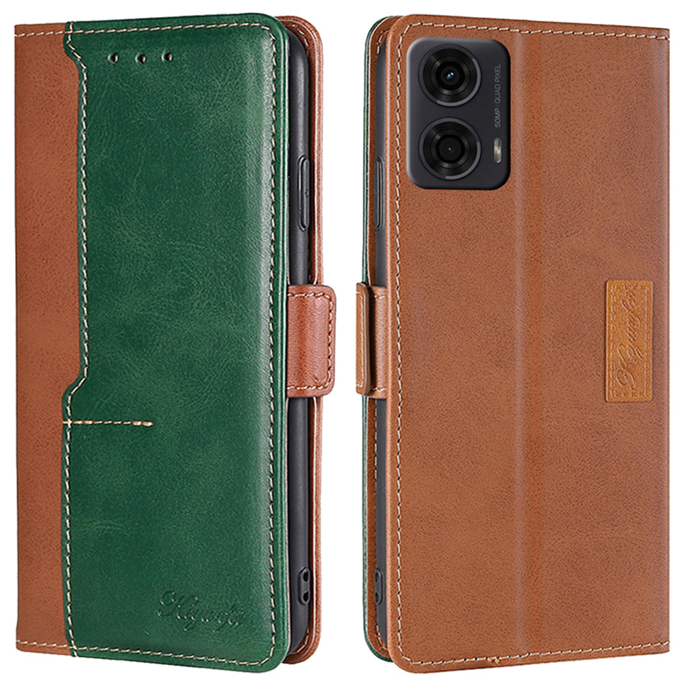 For Motorola Moto G24 4G / G04 4G Case Dual Color Splicing Leather Flip Wallet Phone Cover - Light Brown+Green