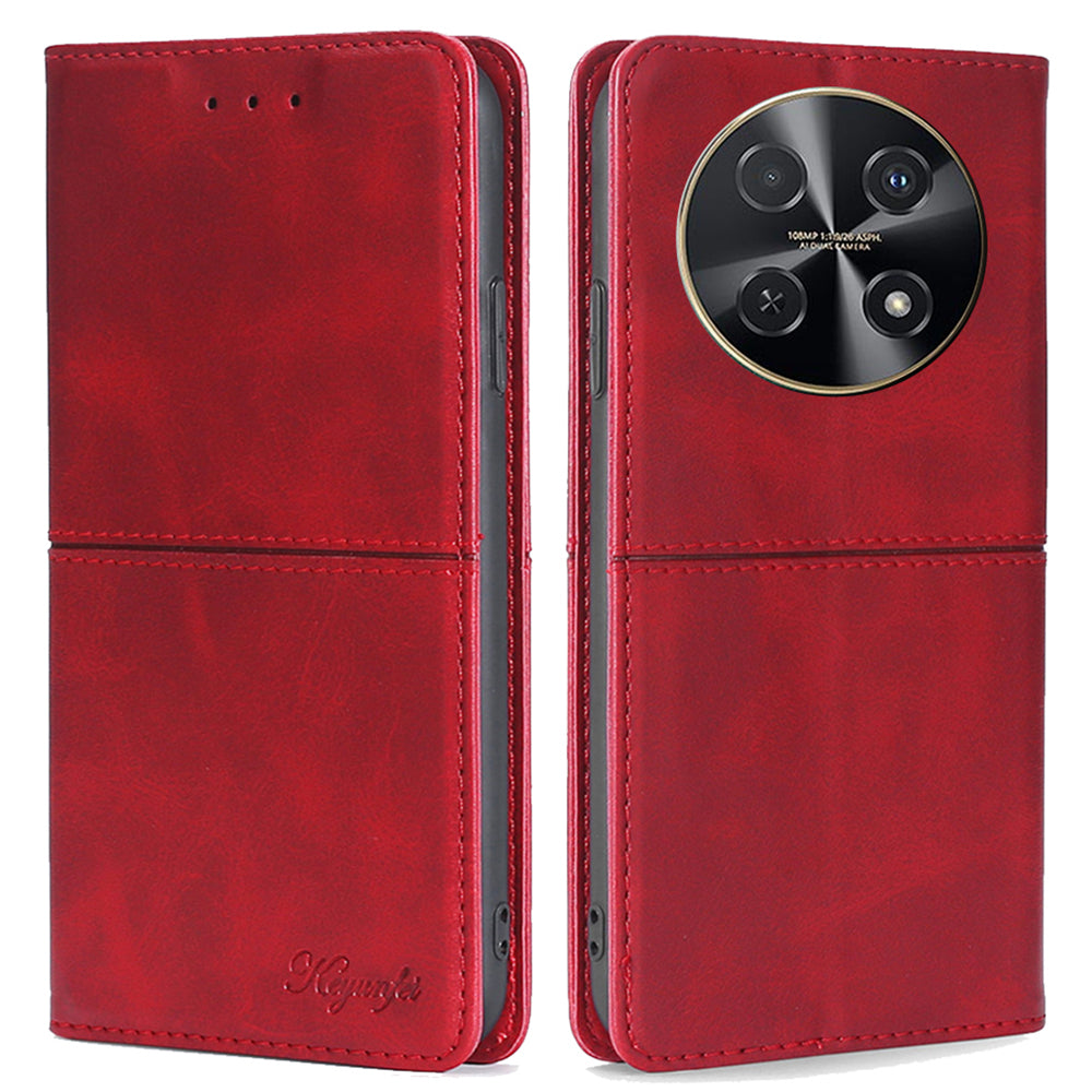 For Huawei nova 12i 4G Case Cowhide Texture Leather Stand Magnetic Closure Phone Cover - Red