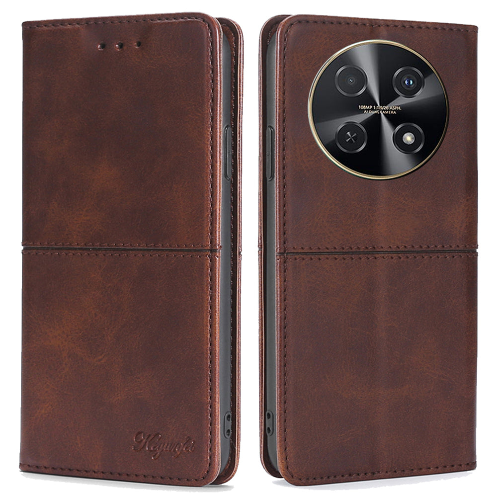 For Huawei nova 12i 4G Case Cowhide Texture Leather Stand Magnetic Closure Phone Cover - Dark Brown