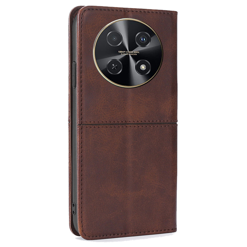 For Huawei nova 12i 4G Case Cowhide Texture Leather Stand Magnetic Closure Phone Cover - Dark Brown