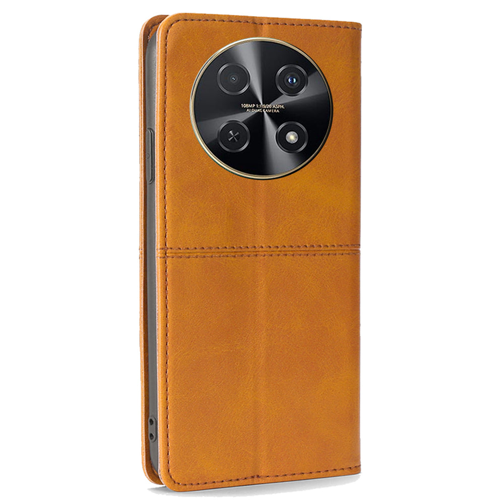 For Huawei nova 12i 4G Case Cowhide Texture Leather Stand Magnetic Closure Phone Cover - Light Brown