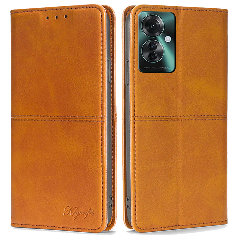 For Oppo Reno11 F 5G / F25 Pro 5G Case with Card Holder PU Leather Cowhide Texture Folio Phone Cover - Light Brown