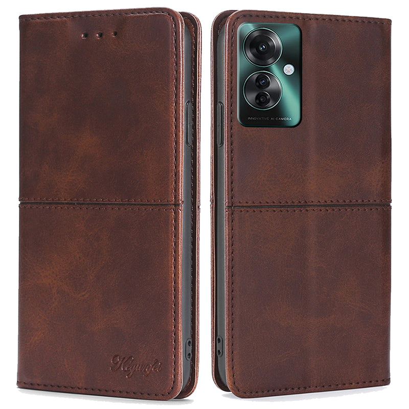 For Oppo Reno11 F 5G / F25 Pro 5G Case with Card Holder PU Leather Cowhide Texture Folio Phone Cover - Dark Brown