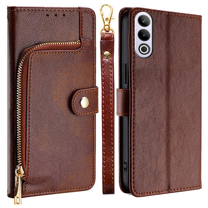 For OnePlus Ace 3V 5G Magnetic Clasp Case Zipper Wallet Leather Phone Cover - Brown