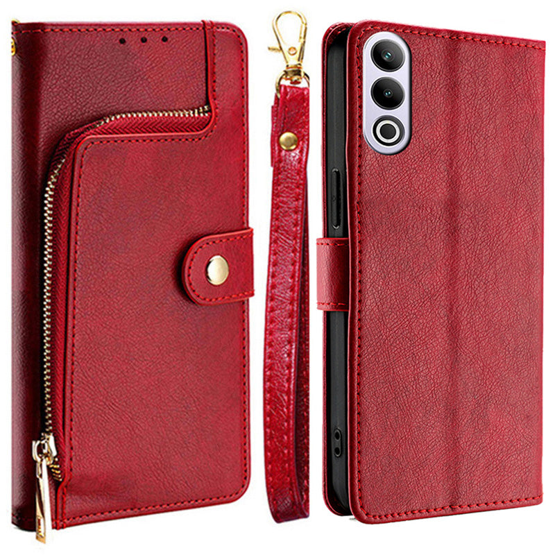 For OnePlus Ace 3V 5G Magnetic Clasp Case Zipper Wallet Leather Phone Cover - Red