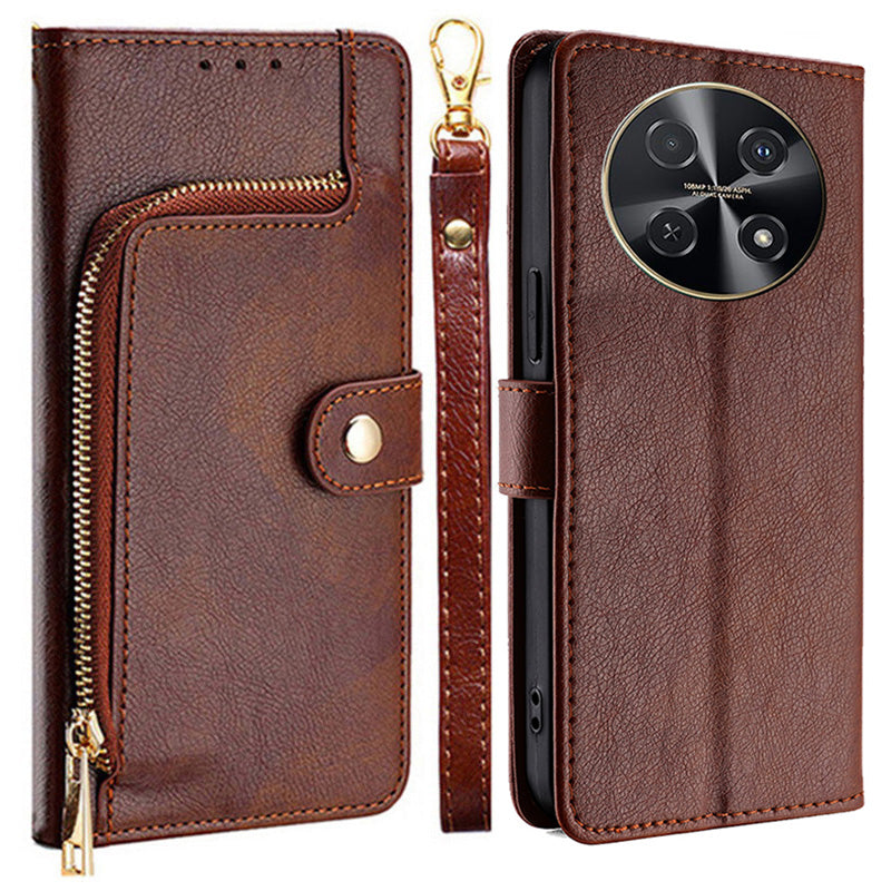 For Huawei nova 12i 4G Case Zipper Pocket Wallet Shockproof Leather Phone Cover - Brown