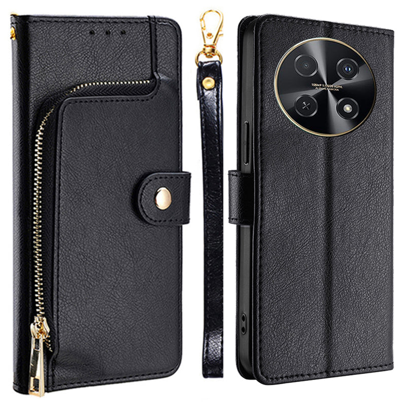 For Huawei nova 12i 4G Case Zipper Pocket Wallet Shockproof Leather Phone Cover - Black