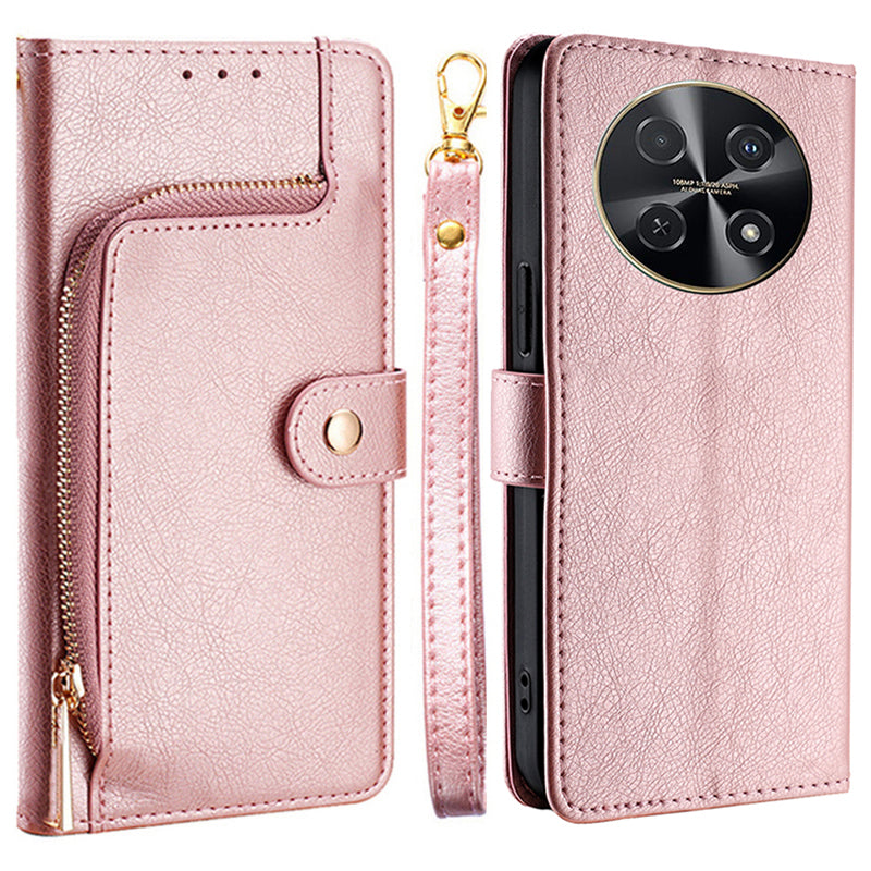 For Huawei nova 12i 4G Case Zipper Pocket Wallet Shockproof Leather Phone Cover - Rose Gold