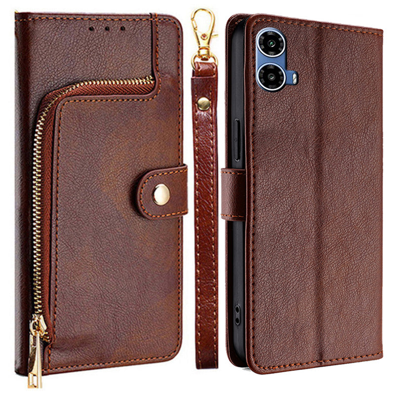 For Motorola Moto G34 5G Case Zipper Pocket Leather Wallet Anti-shock Phone Cover - Brown