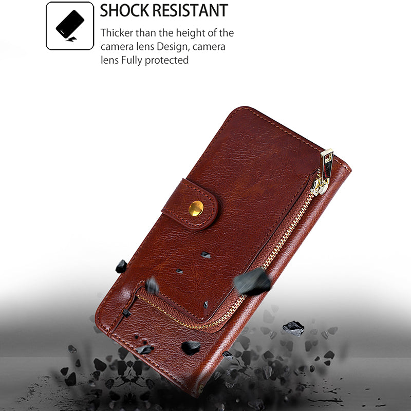 For Motorola Moto G34 5G Case Zipper Pocket Leather Wallet Anti-shock Phone Cover - Brown