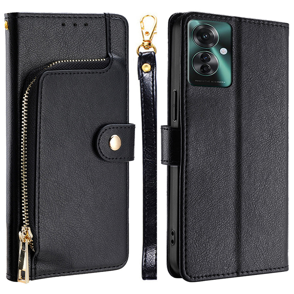 For Oppo Reno11 F 5G / F25 Pro 5G Phone Case Drop Protection Leather Zipper Wallet Cover - Black