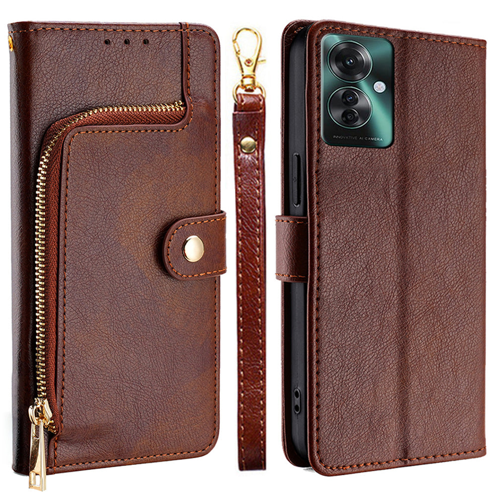 For Oppo Reno11 F 5G / F25 Pro 5G Phone Case Drop Protection Leather Zipper Wallet Cover - Brown