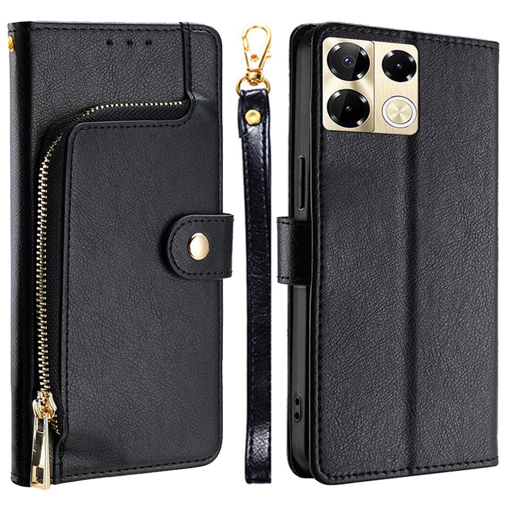 For Transsion Infinix Note 40 Pro 5G Case PU Leather Phone Zipper Purse Cover with Wrist Straps - Black