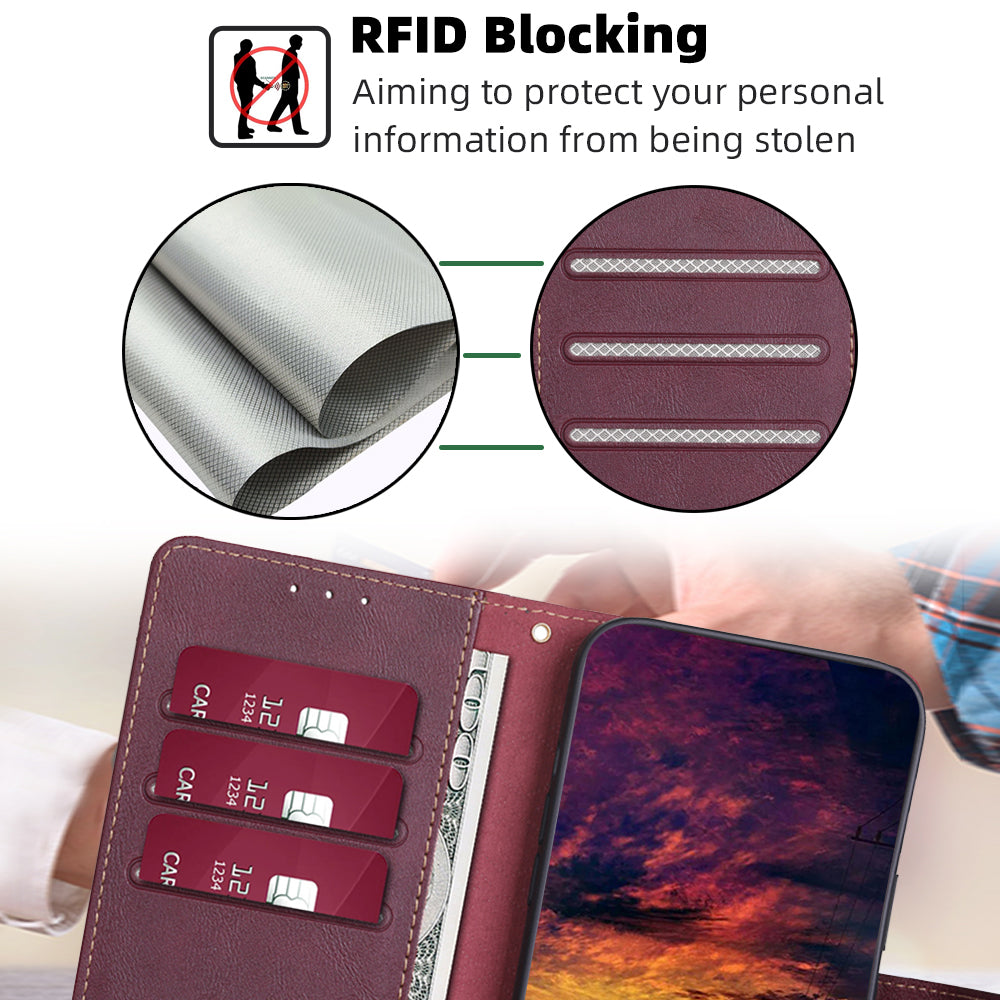 For Huawei nova 12i 4G Case Cowhide Texture RFID Blocking Magnetic Phone Cover - Wine Red