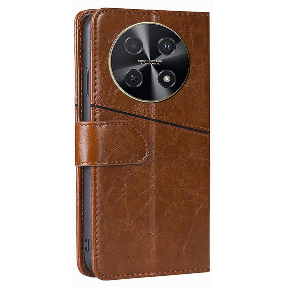 For Huawei nova 12i 4G Magnetic Phone Case PU Leather Geometric Splicing Stand Cover - Light Brown