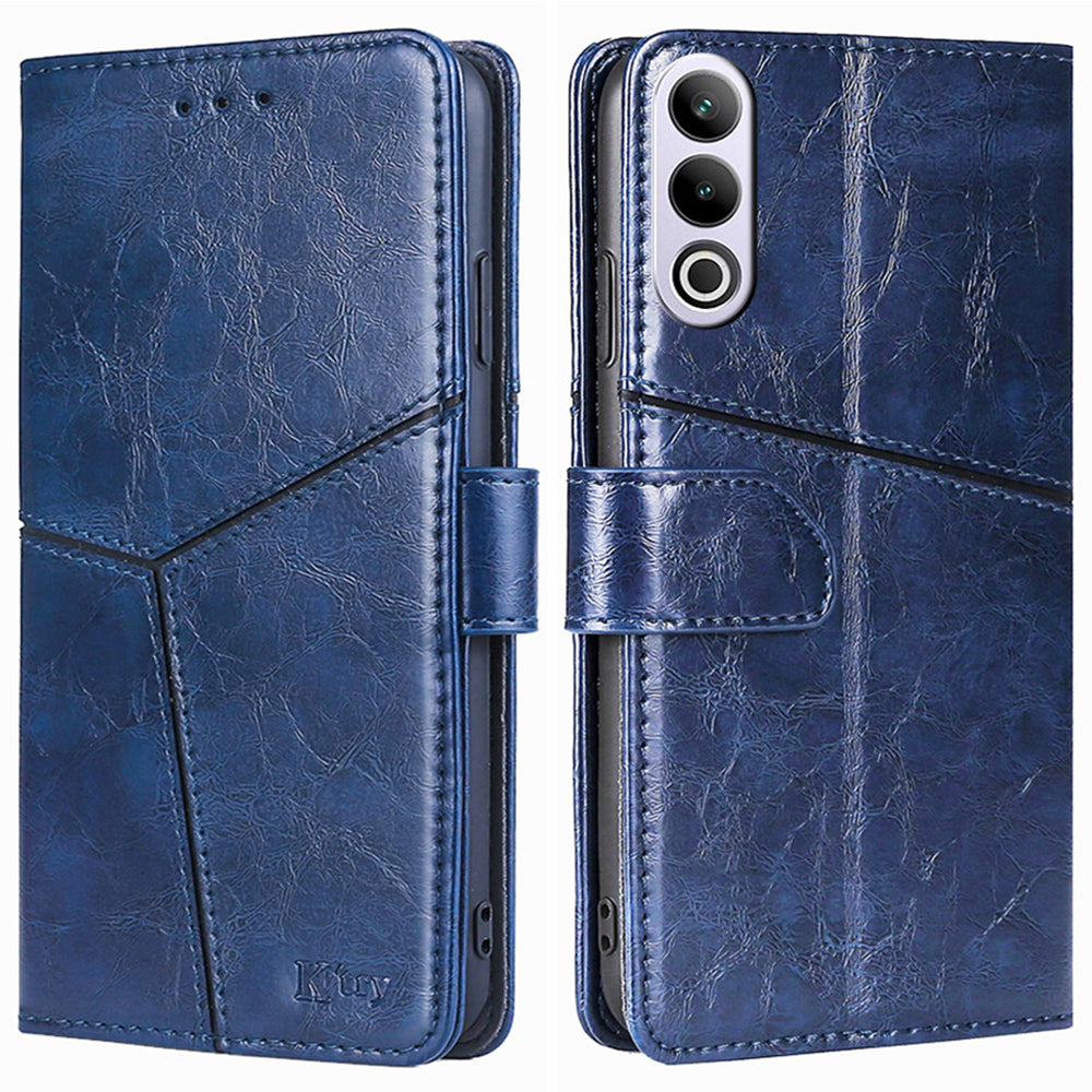 For OnePlus Ace 3V 5G Leather Case Shockproof Geometric Splicing Phone Stand Cover - Blue