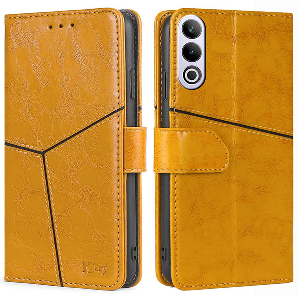 For OnePlus Ace 3V 5G Leather Case Shockproof Geometric Splicing Phone Stand Cover - Yellow