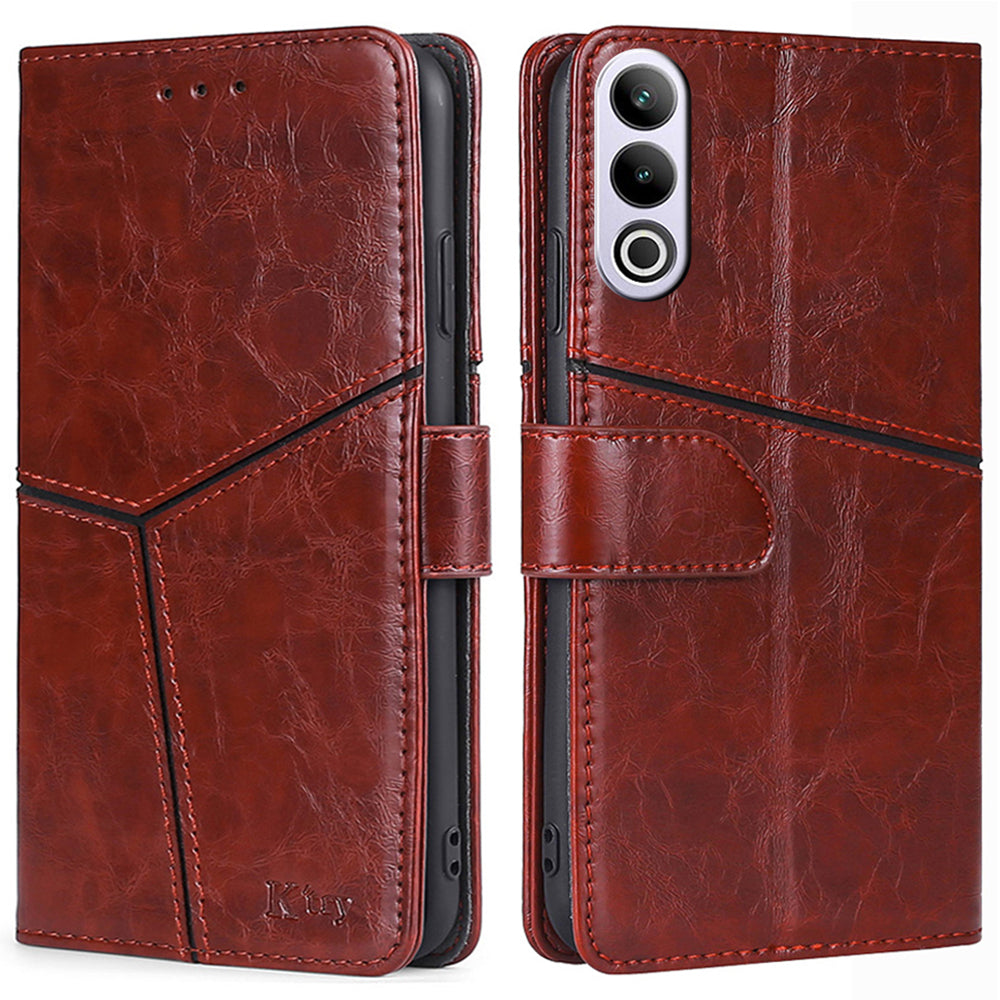 For OnePlus Ace 3V 5G Leather Case Shockproof Geometric Splicing Phone Stand Cover - Dark Brown