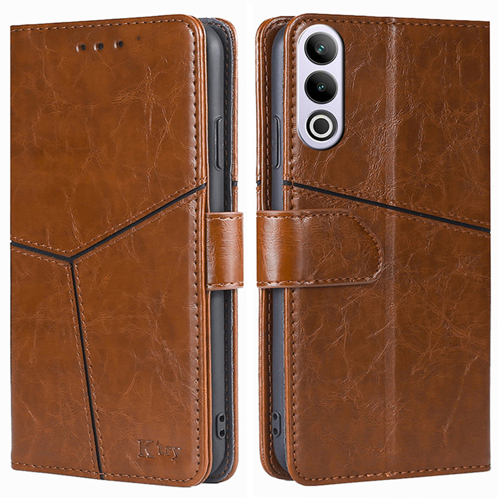 For OnePlus Ace 3V 5G Leather Case Shockproof Geometric Splicing Phone Stand Cover - Light Brown