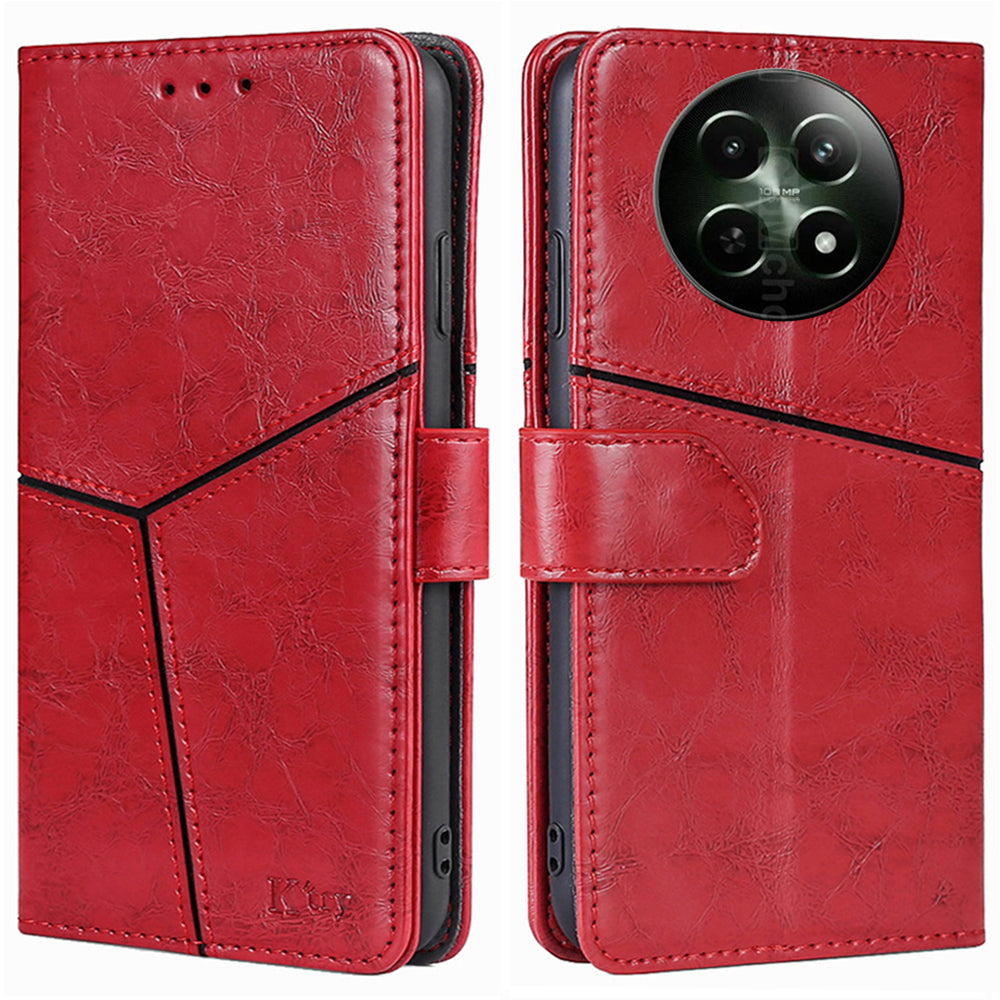 Magnetic Case for Realme 12 Shell Wallet Geometric Splicing Phone Cover - Red