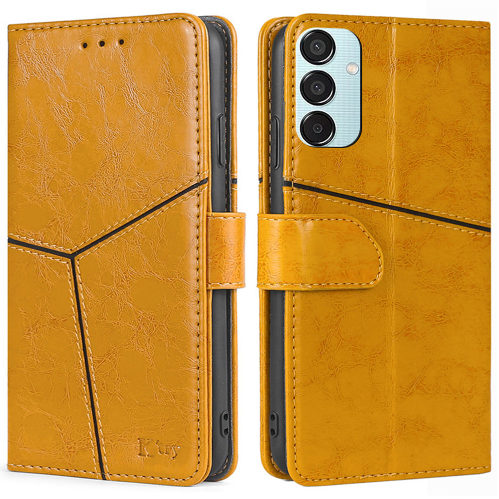 Wallet Case for Samsung Galaxy M15 5G Phone Cover Imprint Geometric Splicing Stand Shell - Yellow