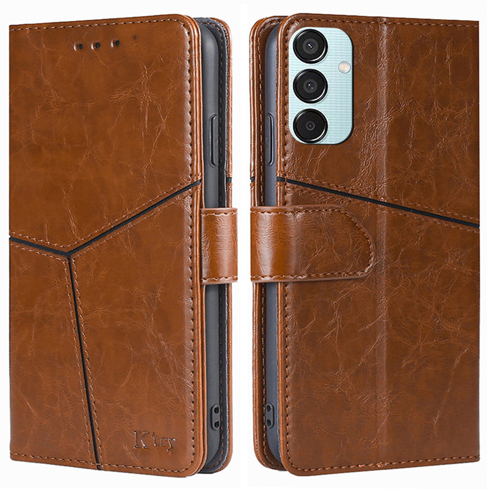 Wallet Case for Samsung Galaxy M15 5G Phone Cover Imprint Geometric Splicing Stand Shell - Light Brown