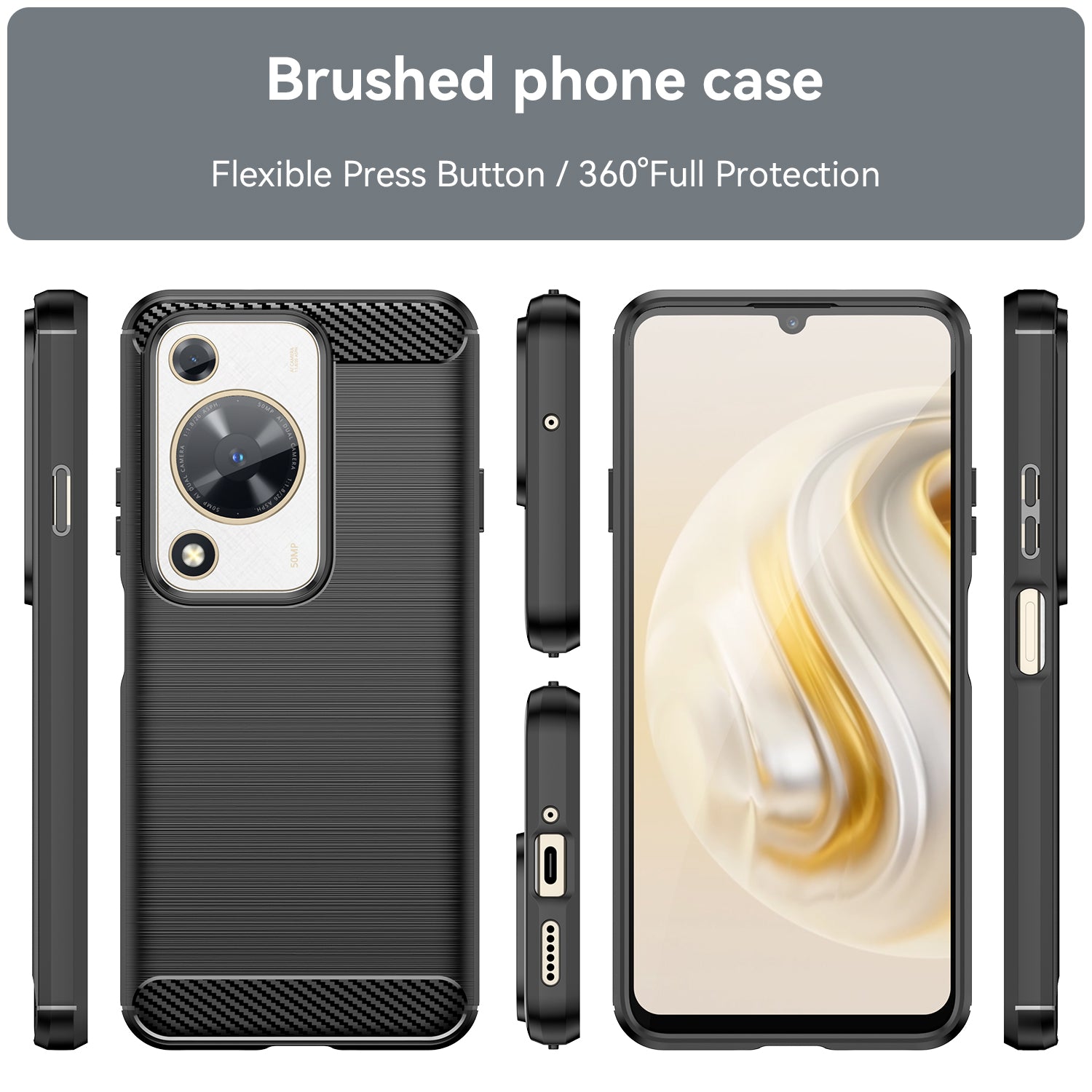 For Huawei nova Y72 4G Phone Case Brushed Carbon Fiber Texture TPU Back Cover - Black