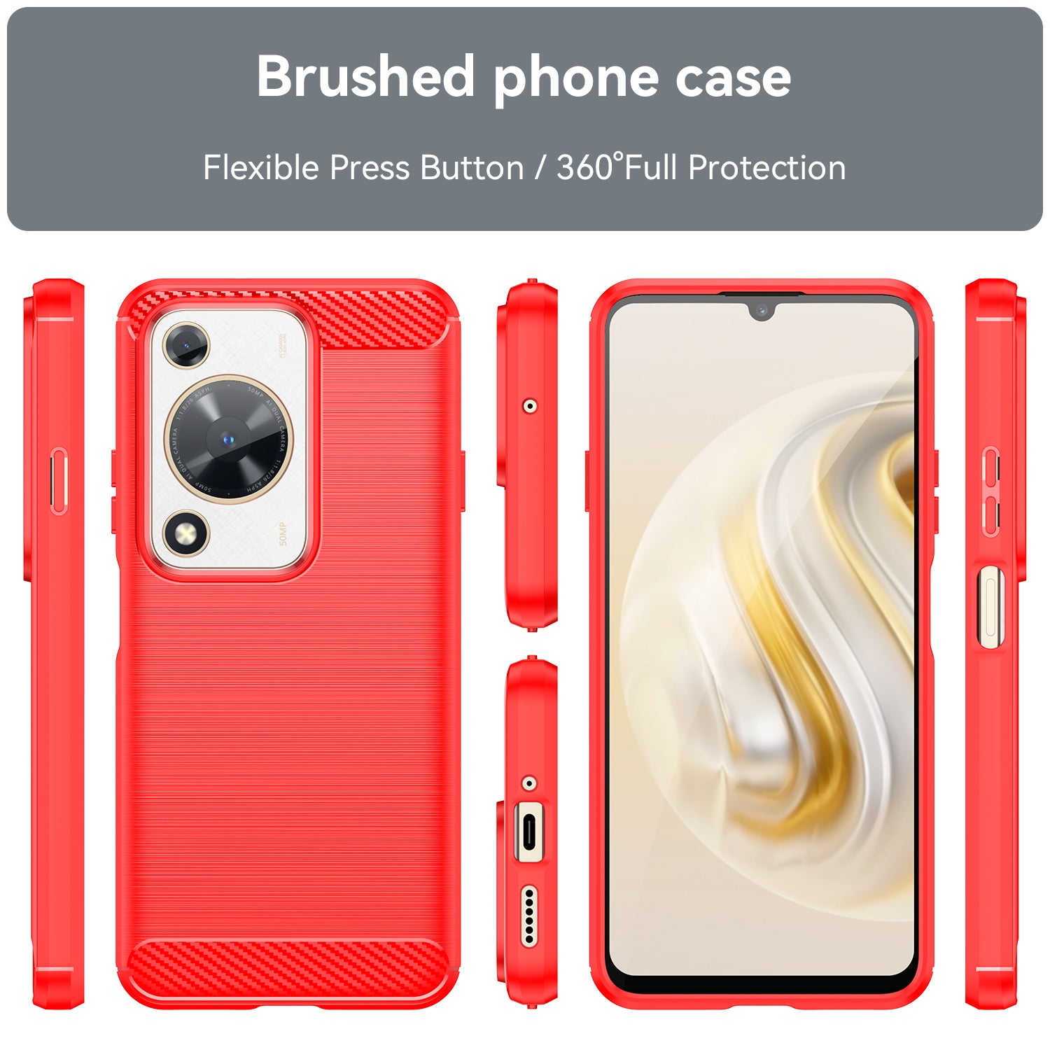 For Huawei nova Y72 4G Phone Case Brushed Carbon Fiber Texture TPU Back Cover - Red