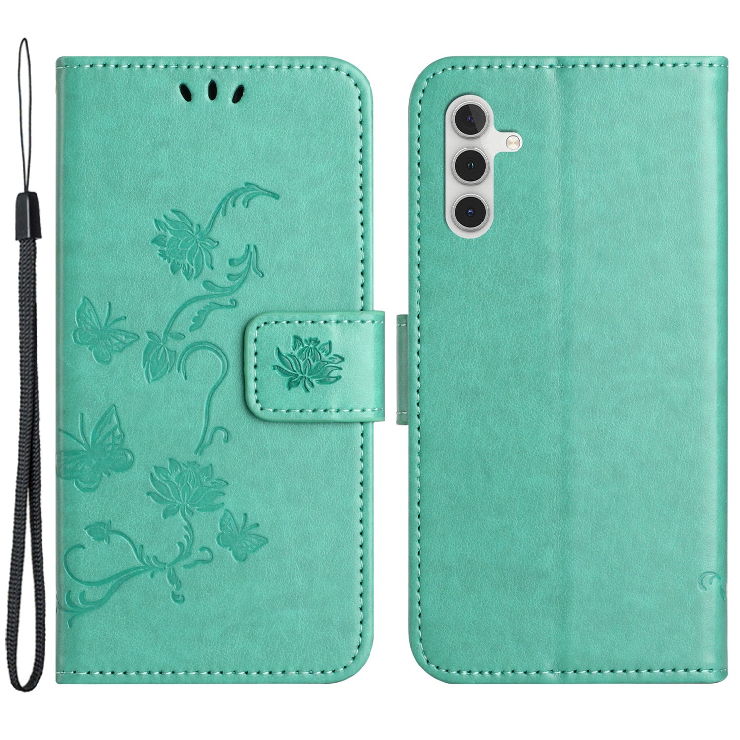 For Samsung Galaxy M15 5G / F15 5G Flip Wallet Case Butterfly Flower Leather Phone Cover - Cyan