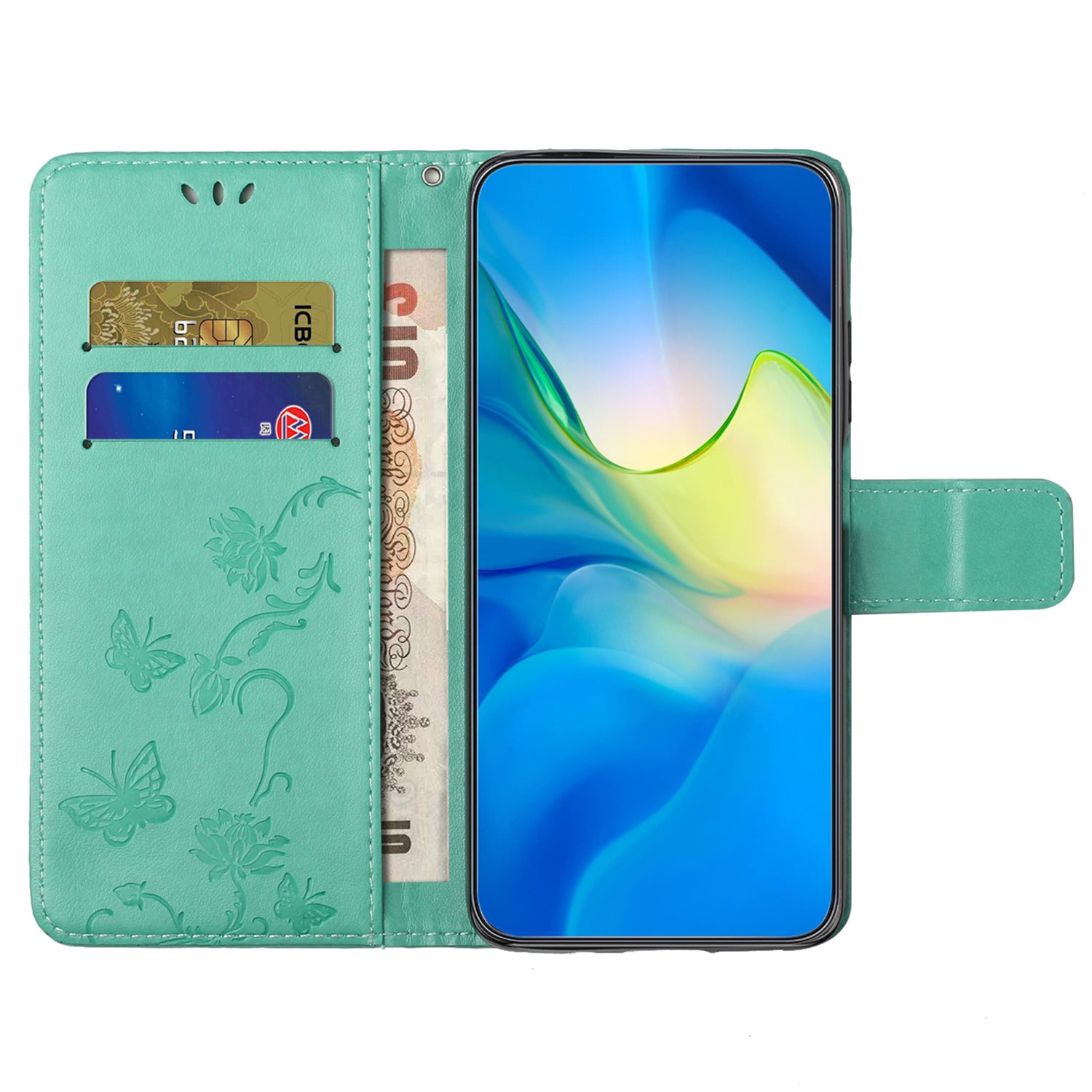 For Samsung Galaxy M15 5G / F15 5G Flip Wallet Case Butterfly Flower Leather Phone Cover - Cyan