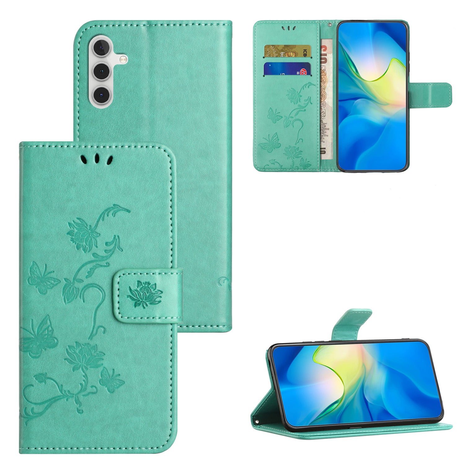 For Samsung Galaxy M15 5G / F15 5G Flip Wallet Case Butterfly Flower Leather Phone Cover - Cyan