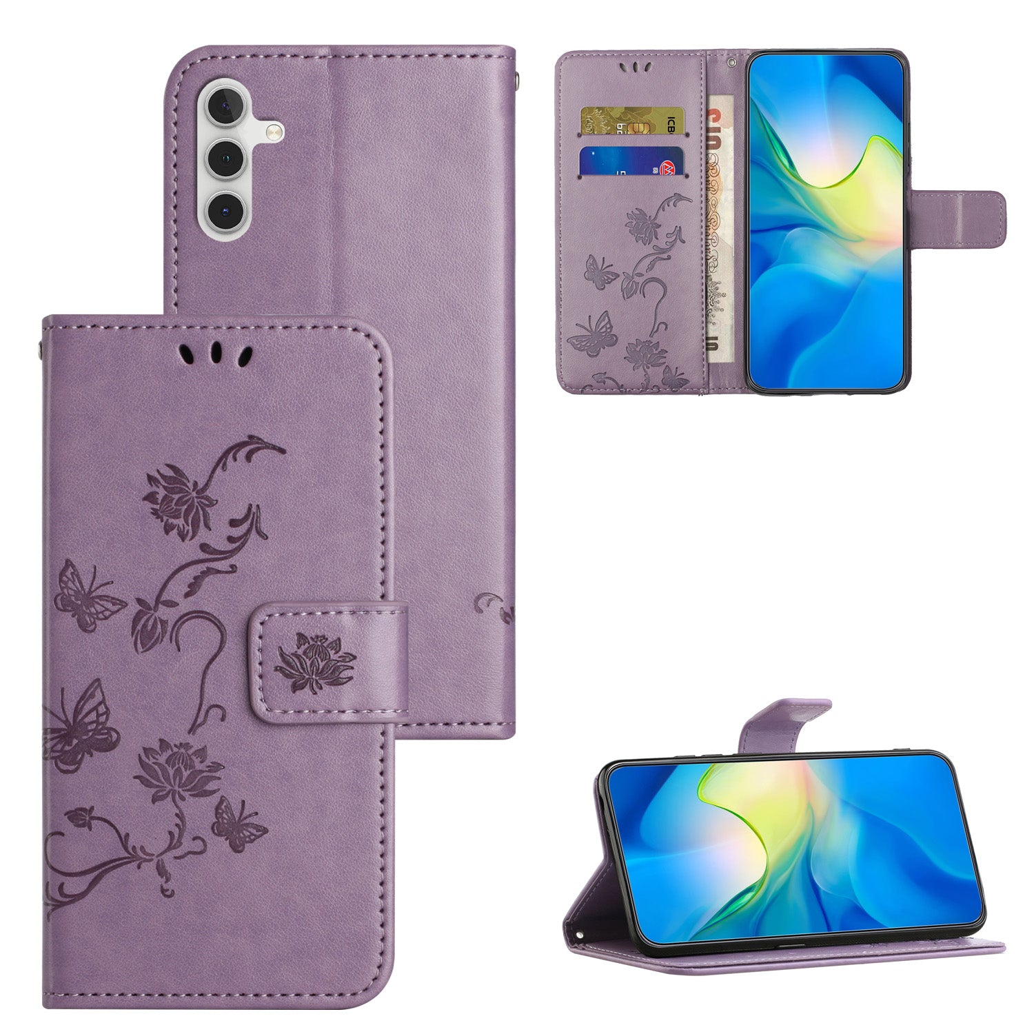 For Samsung Galaxy M15 5G / F15 5G Flip Wallet Case Butterfly Flower Leather Phone Cover - Purple