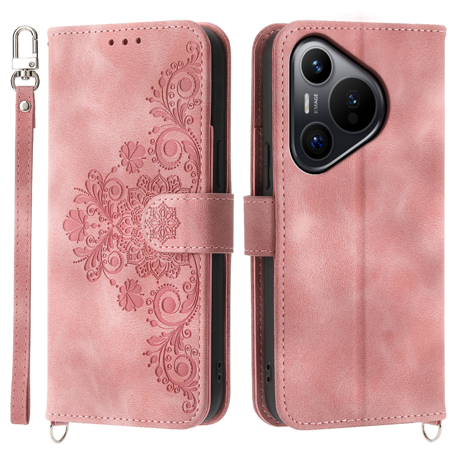 For Huawei Pura 70 Case Wallet Flower Pattern PU Leather Phone Cover with Crossbody Strap - Pink