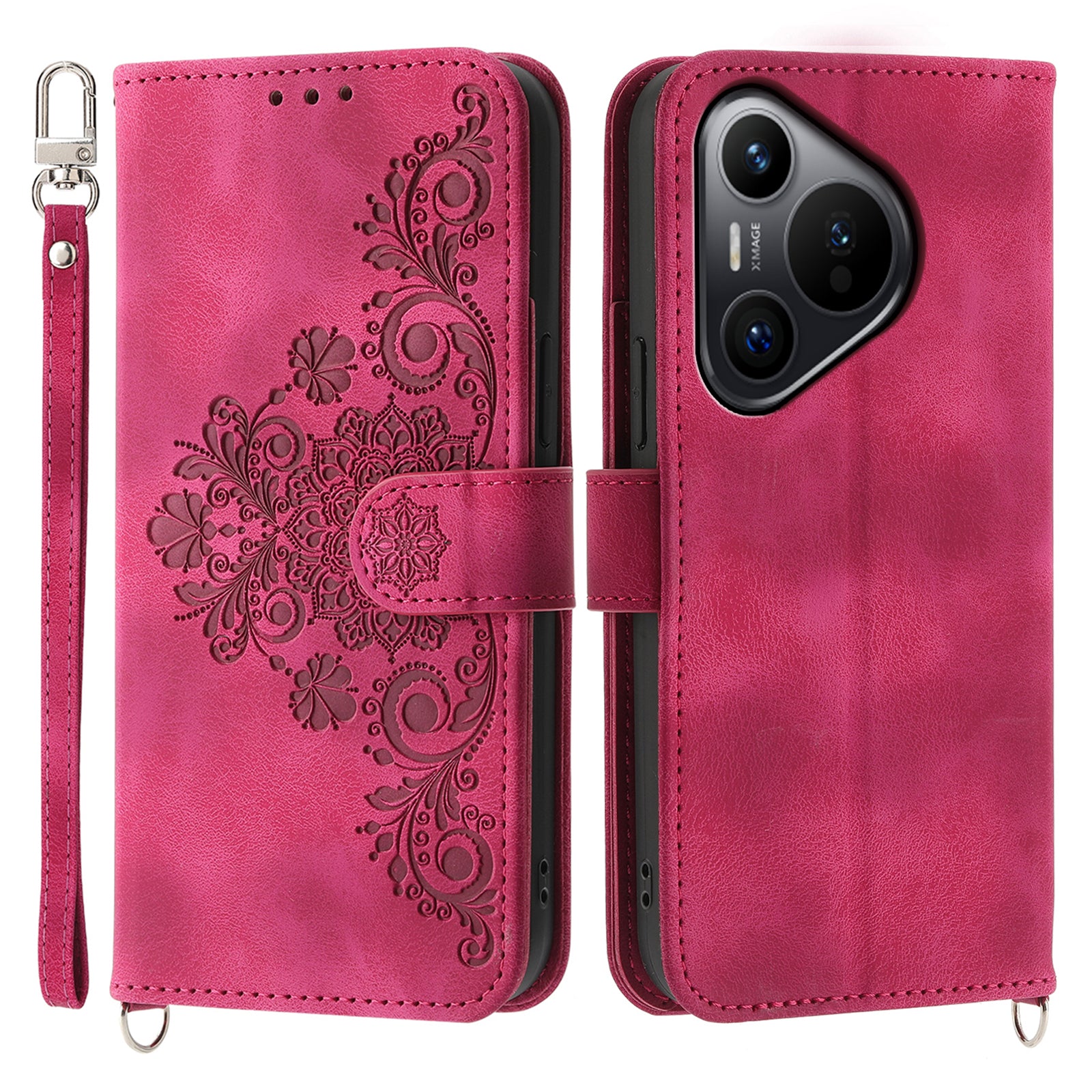 For Huawei Pura 70 Case Wallet Flower Pattern PU Leather Phone Cover with Crossbody Strap - Wine Red