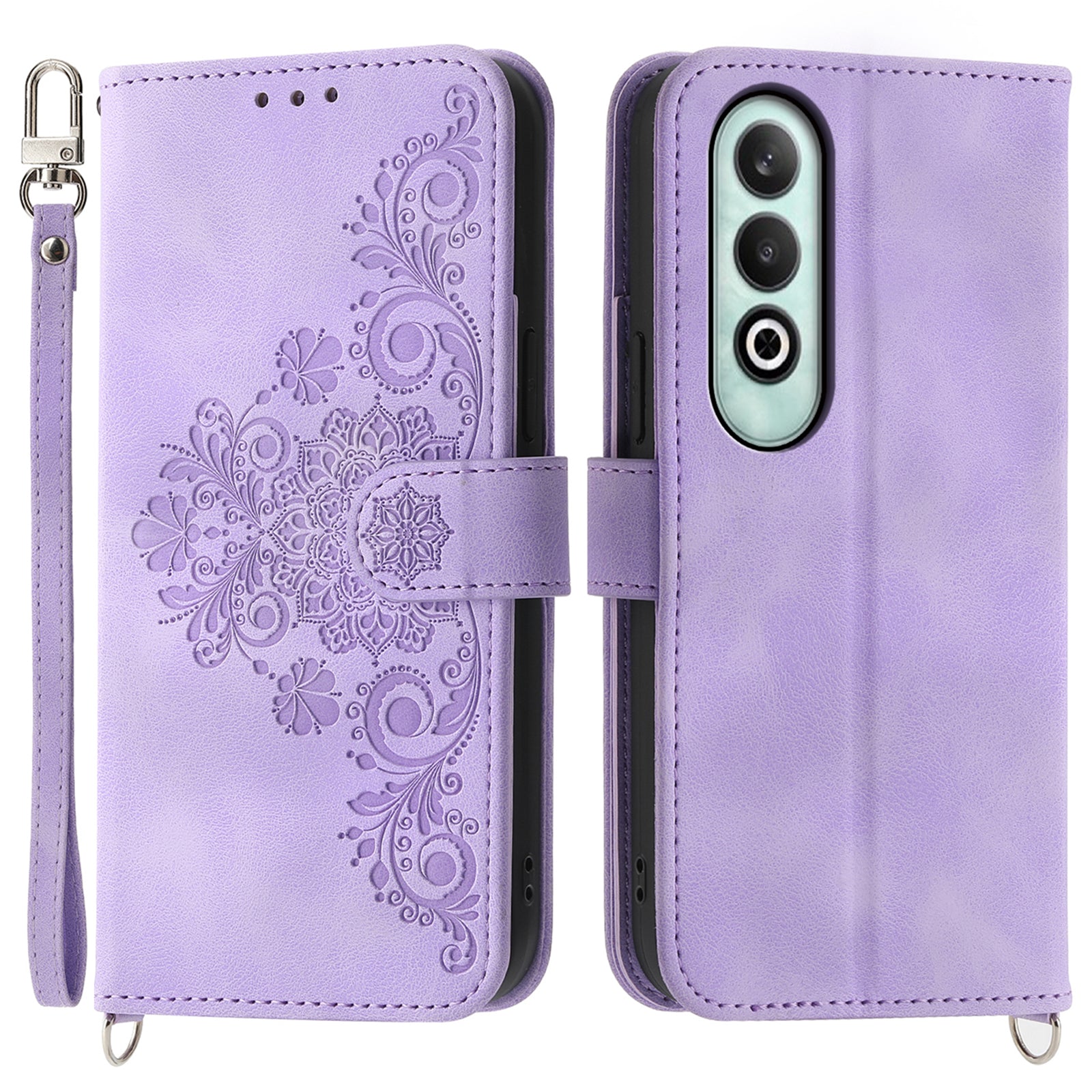 For OnePlus Nord CE4 5G Leather Case Wallet Phone Cover with Hand Strap and Shoulder Strap - Light Purple