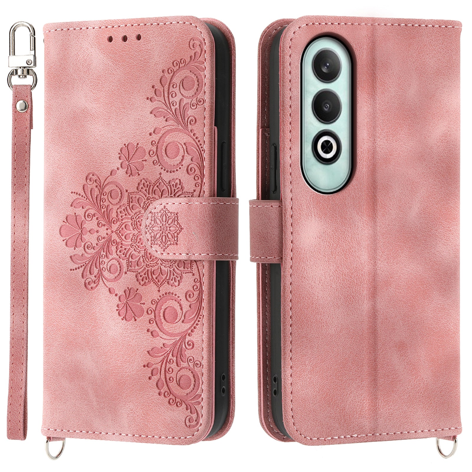 For OnePlus Nord CE4 5G Leather Case Wallet Phone Cover with Hand Strap and Shoulder Strap - Pink