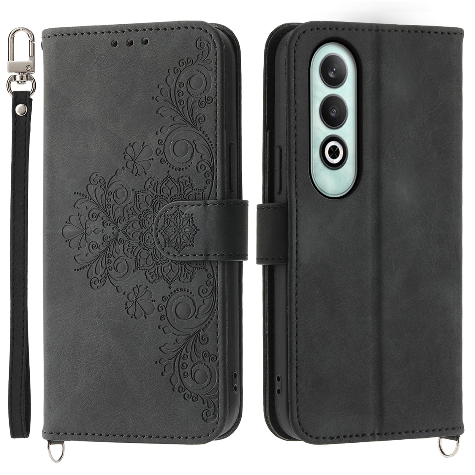 For OnePlus Nord CE4 5G Leather Case Wallet Phone Cover with Hand Strap and Shoulder Strap - Black