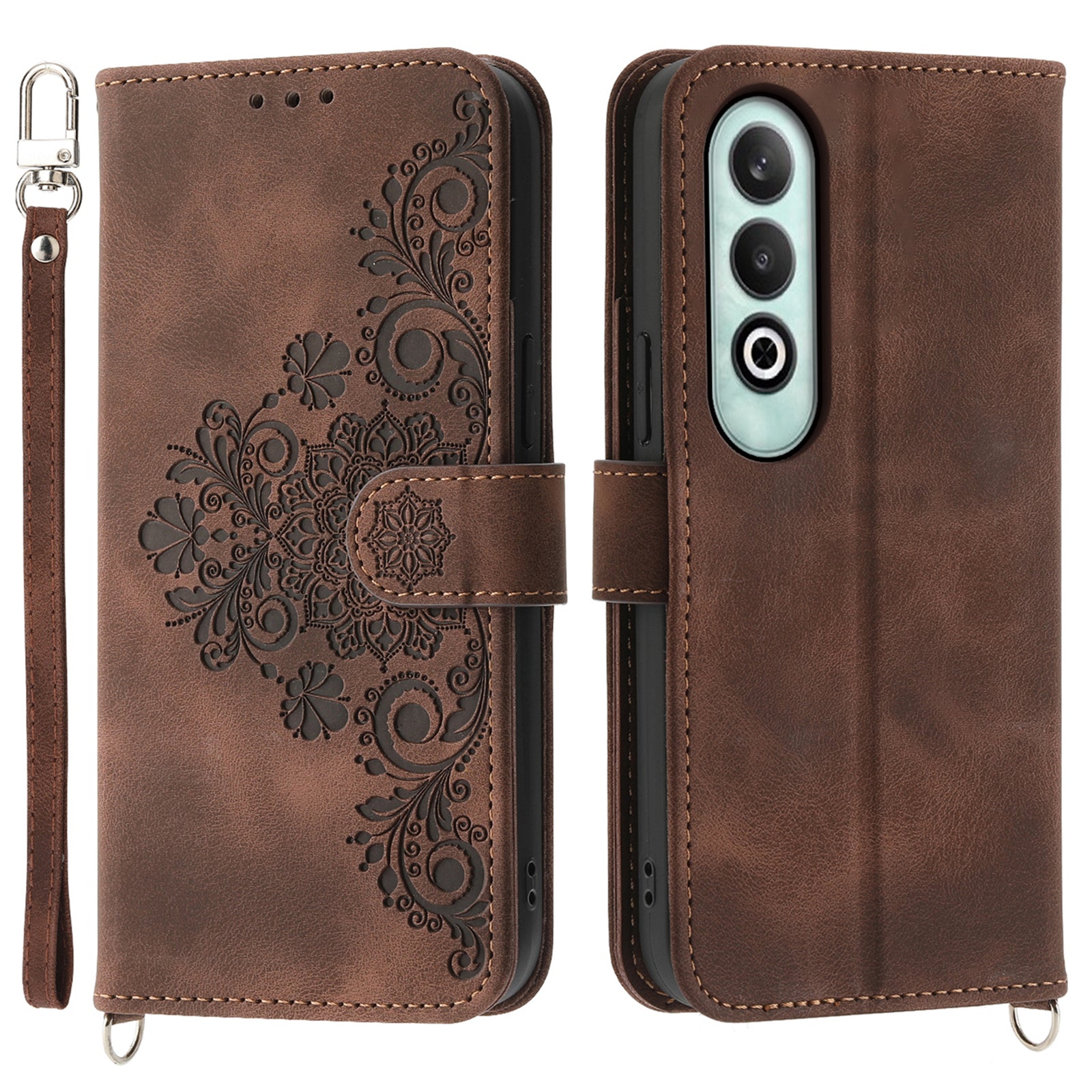 For OnePlus Nord CE4 5G Leather Case Wallet Phone Cover with Hand Strap and Shoulder Strap - Brown