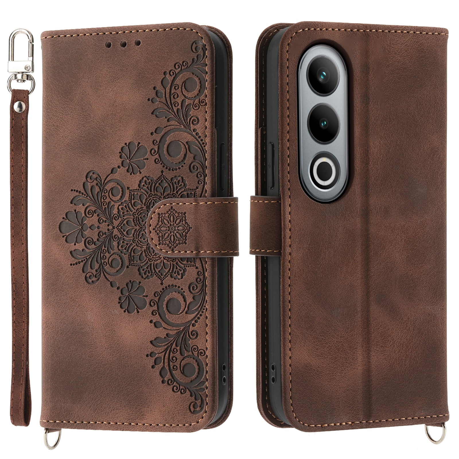 For OnePlus Ace 3V 5G Leather Case with Straps Flower Phone Cover Wholesale - Brown