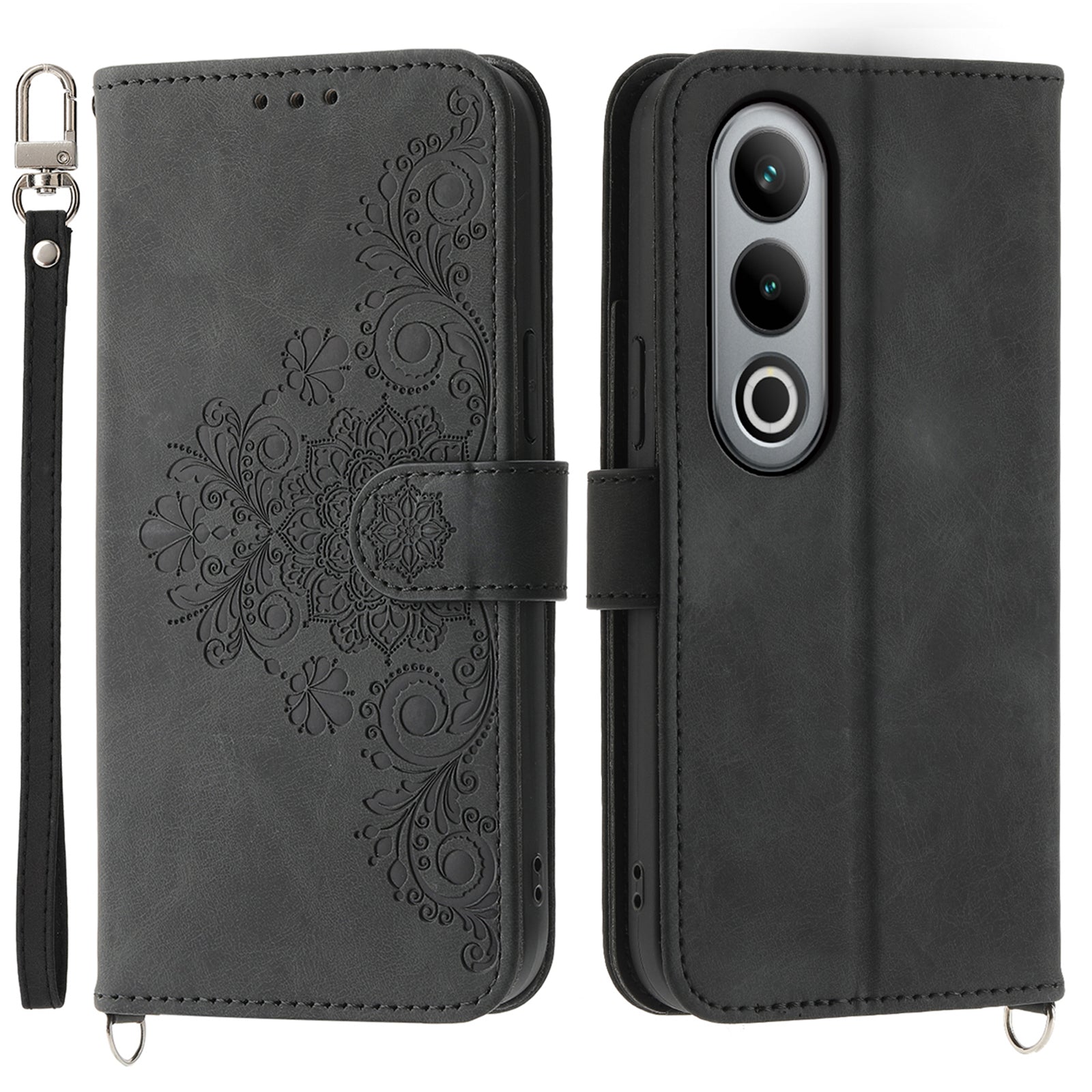 For OnePlus Ace 3V 5G Leather Case with Straps Flower Phone Cover Wholesale - Black