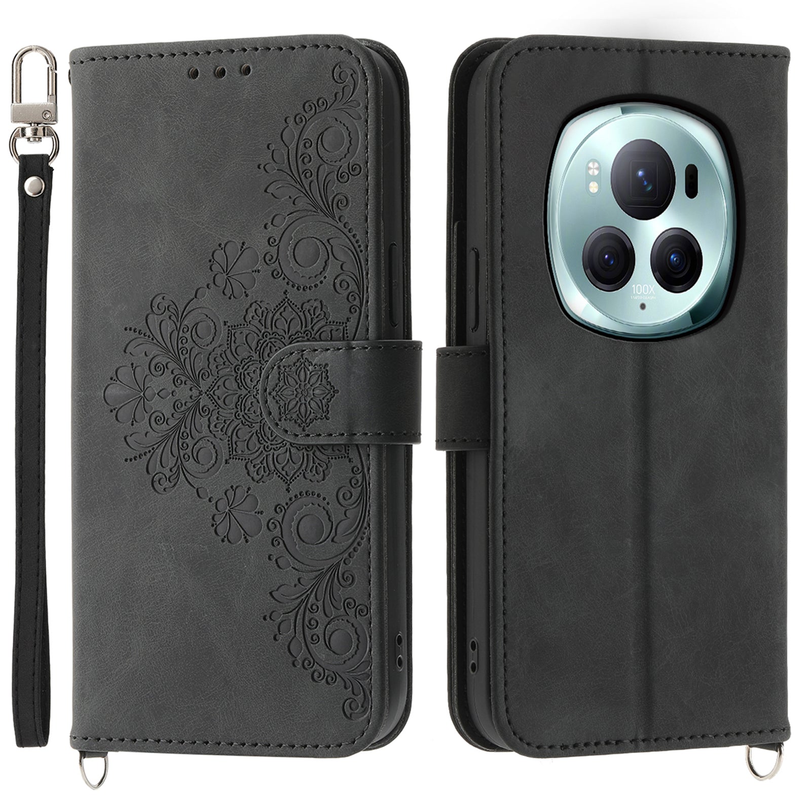 For Honor Magic6 Pro 5G Wallet Case Flower Pattern PU Leather Crossbody Phone Cover - Black